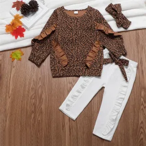 Toddler Girls Ruffled Leopard Long Sleeve Top & Pants & Headband Wholesale