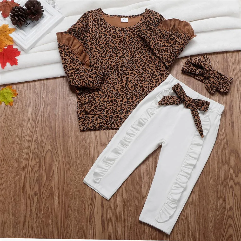 Toddler Girls Ruffled Leopard Long Sleeve Top & Pants & Headband Wholesale