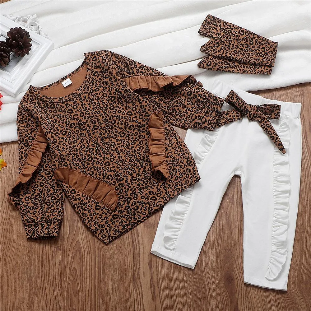 Toddler Girls Ruffled Leopard Long Sleeve Top & Pants & Headband Wholesale