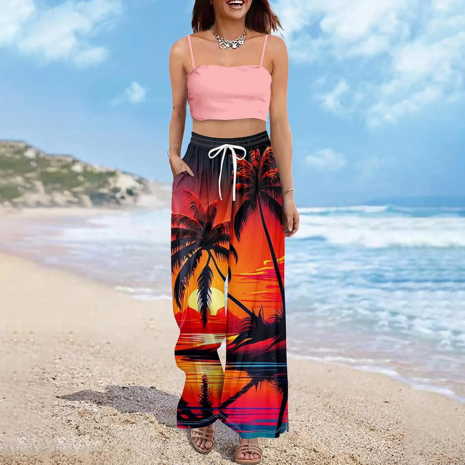 Travel Pants Women 2025 Palazzo Dressy Baggy Floral Relaxed Fit Trendy Bohemian Style Bottoms