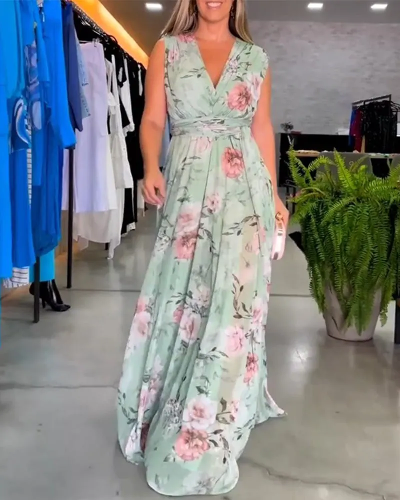 Venesa - Chic Sleeveless V-Neck Floral Dress
