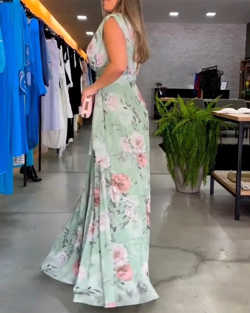 Venesa - Chic Sleeveless V-Neck Floral Dress