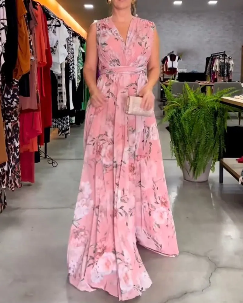 Venesa - Chic Sleeveless V-Neck Floral Dress