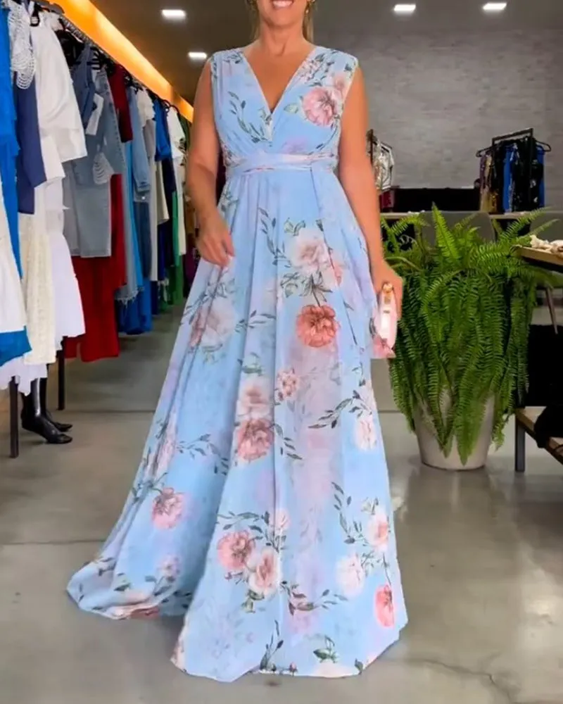 Venesa - Chic Sleeveless V-Neck Floral Dress