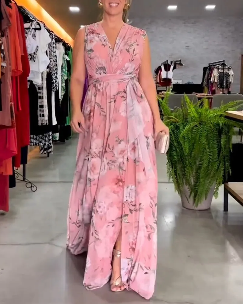 Venesa - Chic Sleeveless V-Neck Floral Dress