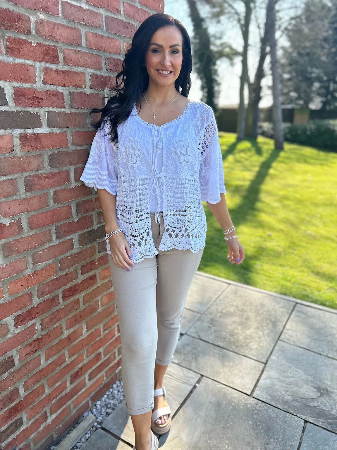 White Crochet Floral Tie Front Cardi May