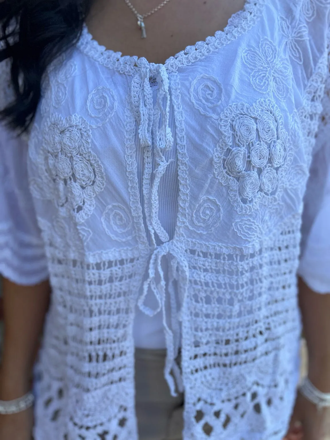 White Crochet Floral Tie Front Cardi May