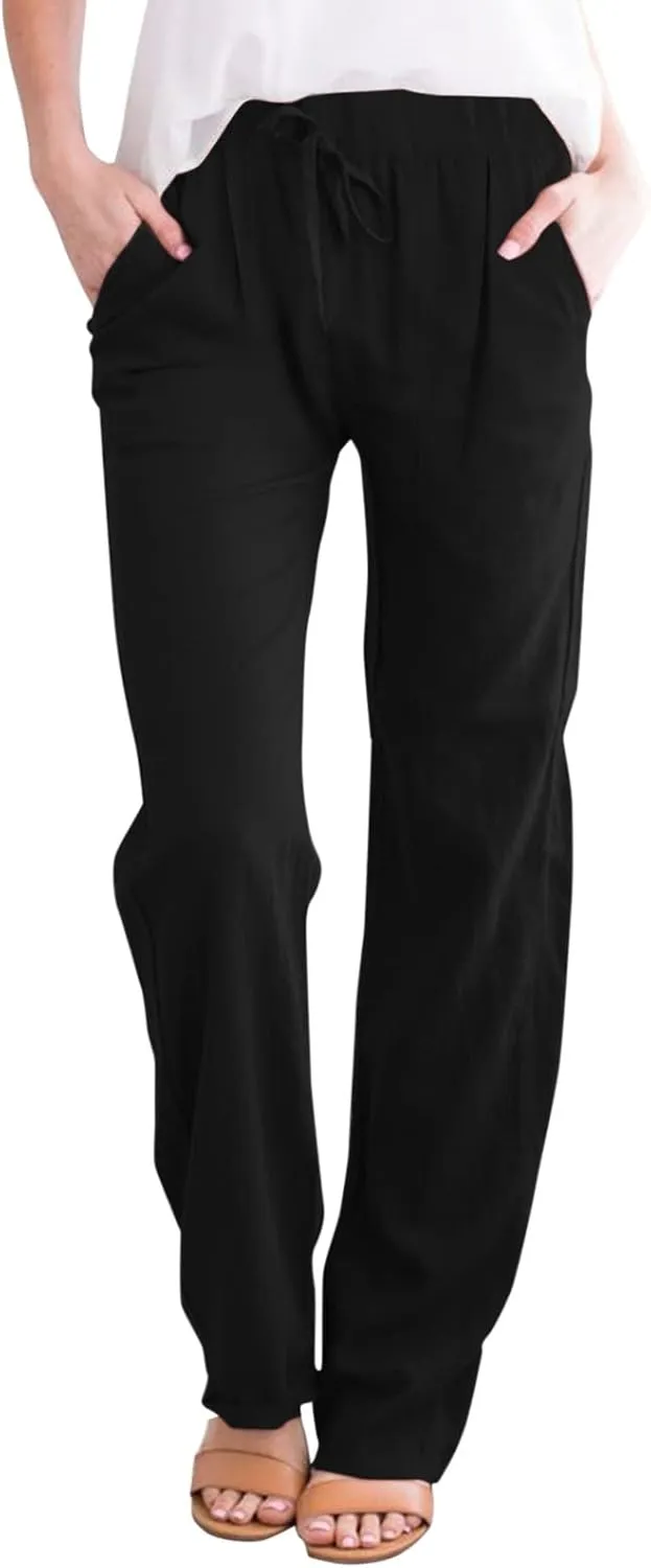 Women Linen Pants with Drawstring Lightweight Elastic Waist Leg Loose with Pockets Petite Summer Relaxed Fit Tapered