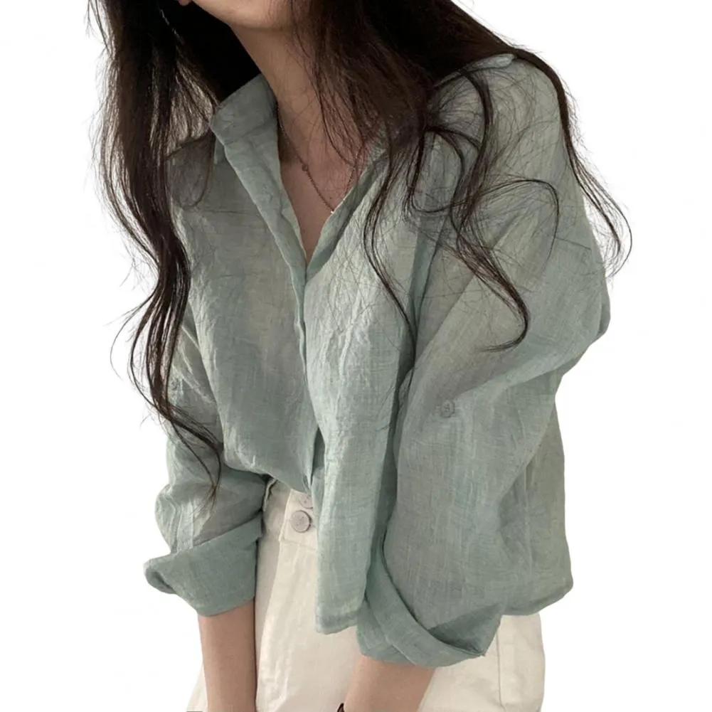 Women Trendy Shirt Blouse Simple Thin Pure Color Anti-UV Shirt Anti-fade Shirt Top - WSB8532