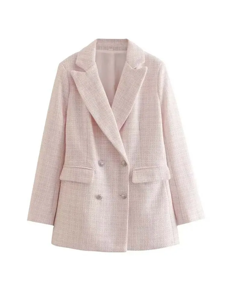 Women Tweed Blazer Vintage Office Lady Casual Jacket Coat Double Breasted Spring Autumn Outerwear Female Chic Tops