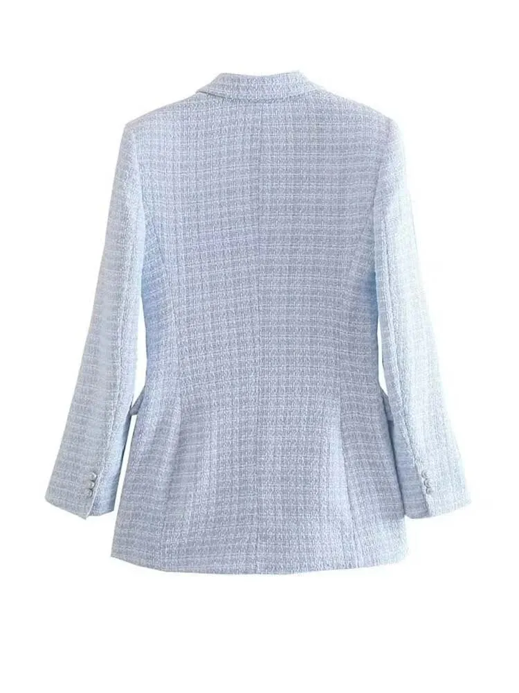 Women Tweed Blazer Vintage Office Lady Casual Jacket Coat Double Breasted Spring Autumn Outerwear Female Chic Tops