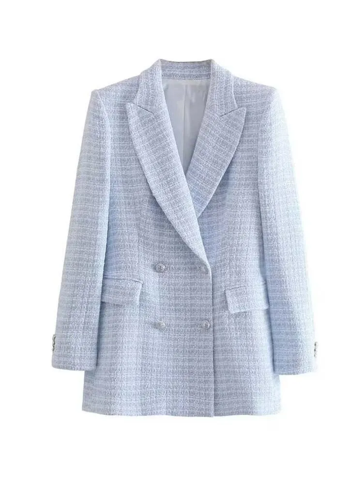 Women Tweed Blazer Vintage Office Lady Casual Jacket Coat Double Breasted Spring Autumn Outerwear Female Chic Tops