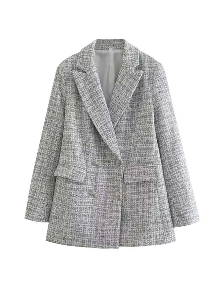 Women Tweed Blazer Vintage Office Lady Casual Jacket Coat Double Breasted Spring Autumn Outerwear Female Chic Tops