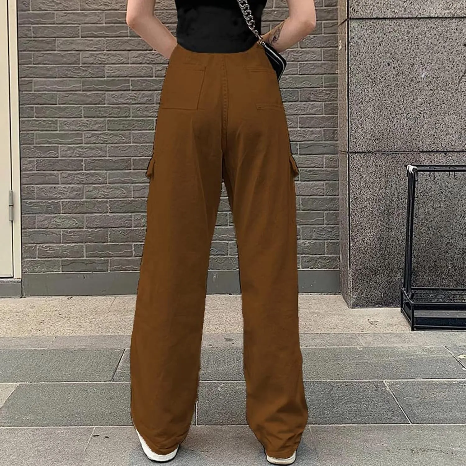 Womens Casual High Waisted Relaxe Fit Travel Wide Leg Parachute Pants with Pockets Trendy Trousers