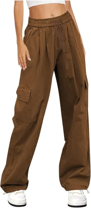 Womens Casual High Waisted Relaxe Fit Travel Wide Leg Parachute Pants with Pockets Trendy Trousers