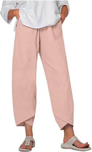 Women's High Waist Linen Long Pants - Solid Color Casual Trousers, Trendy Comfortable Relaxed Fit Summer Cropped