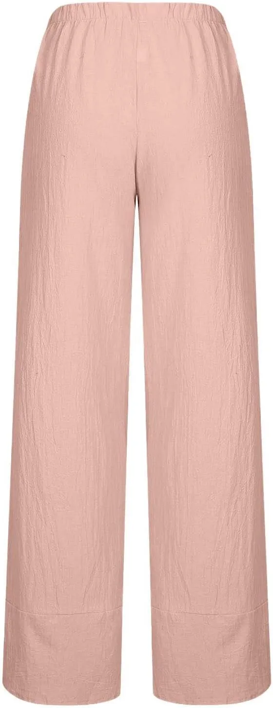 Women's High Waist Linen Long Pants - Solid Color Casual Trousers, Trendy Comfortable Relaxed Fit Summer Cropped