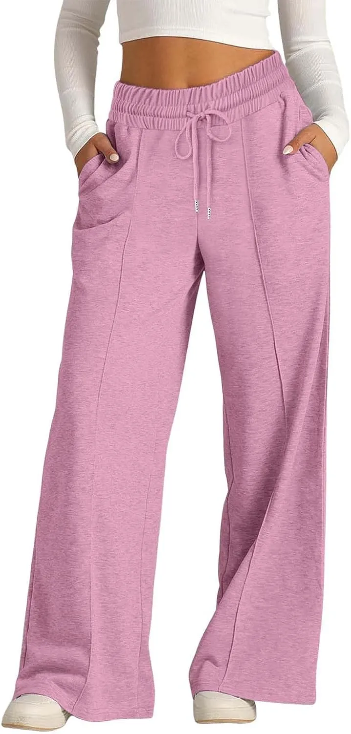 Women's High Waist Pants Wide Leg Casual Drawstring Sweatpants with Pockets Loose Solid Straight Leg Lounge Trousers