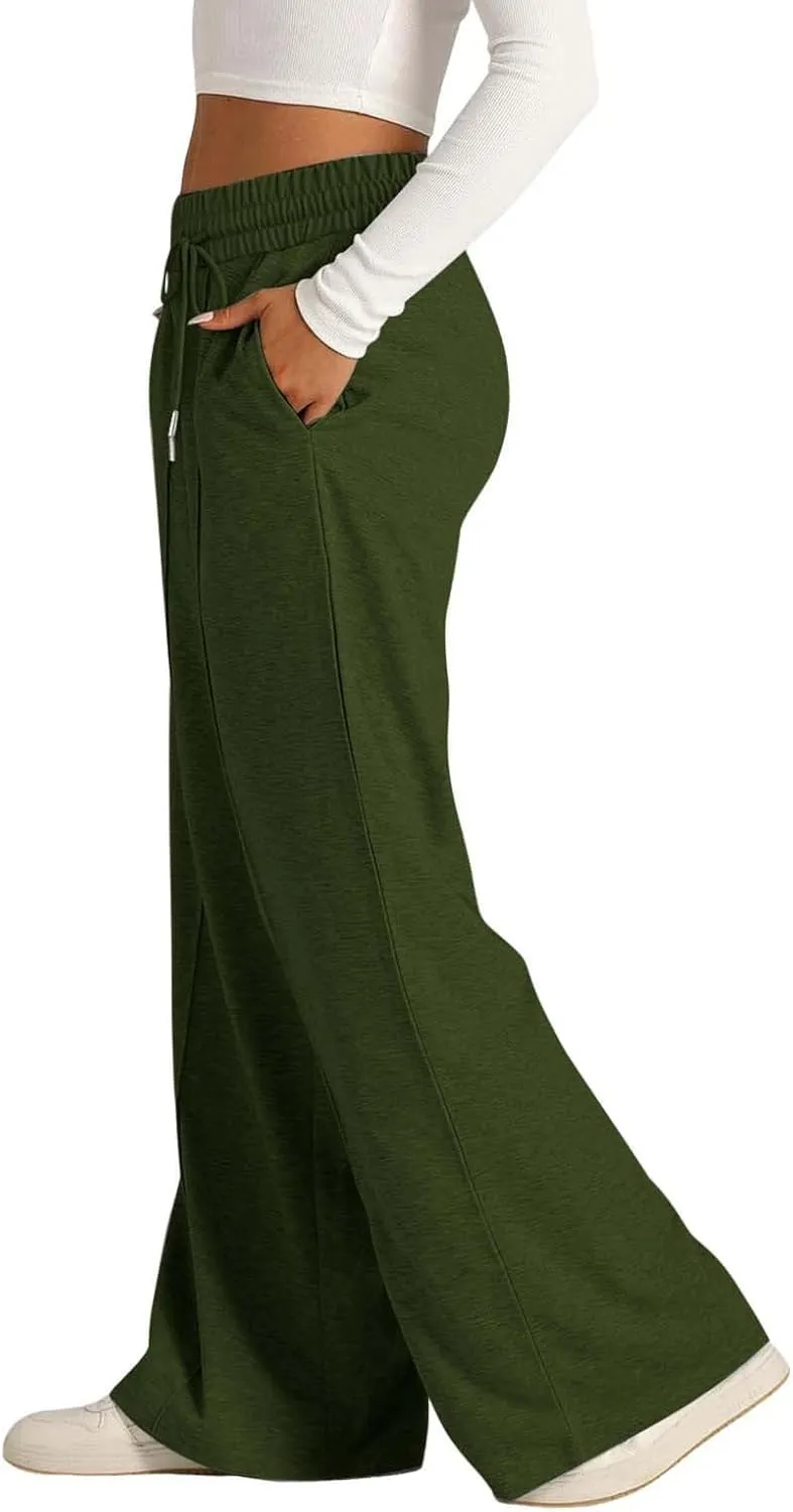 Women's High Waist Pants Wide Leg Casual Drawstring Sweatpants with Pockets Loose Solid Straight Leg Lounge Trousers