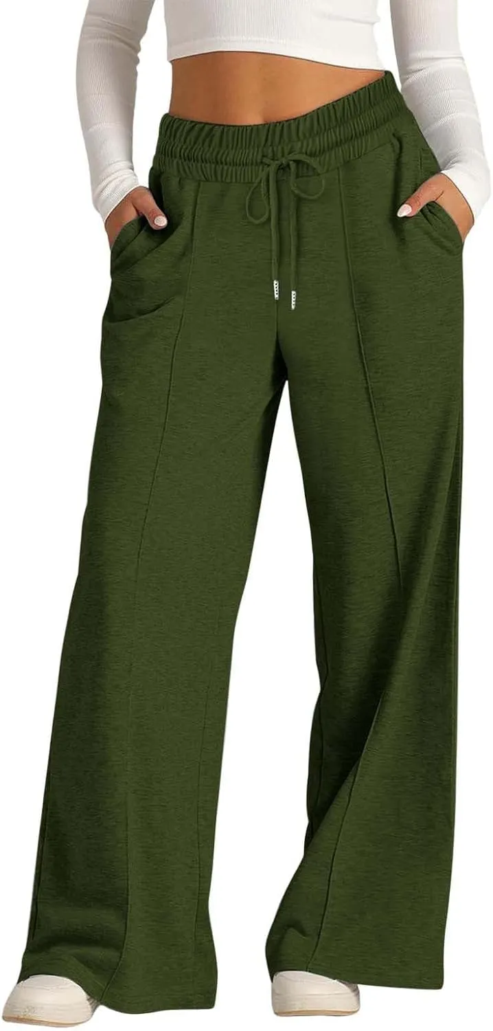 Women's High Waist Pants Wide Leg Casual Drawstring Sweatpants with Pockets Loose Solid Straight Leg Lounge Trousers