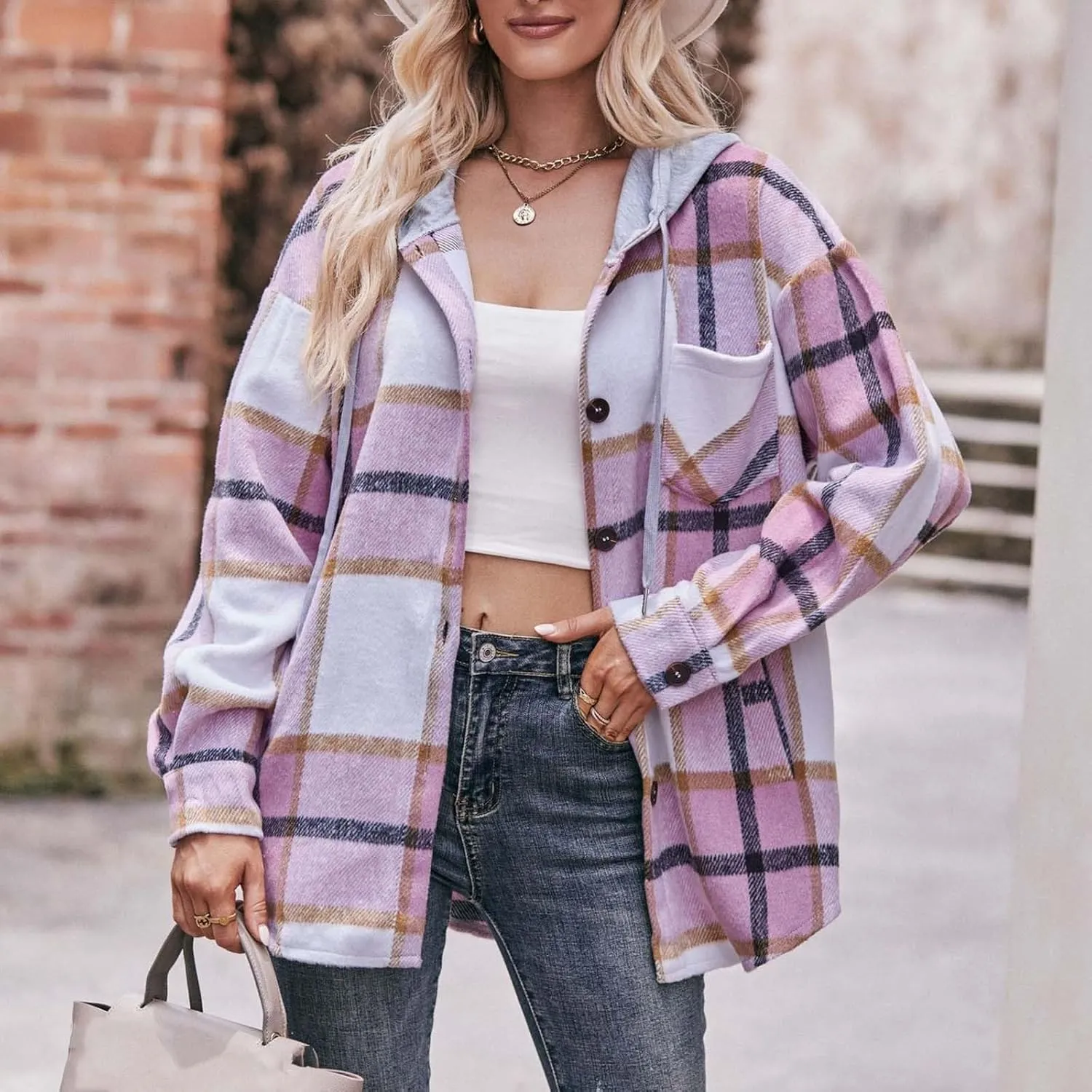 Womens Long Sleeve Plaid Shirts Button Down Flannel Hoodie Oversized Casual Fall Clothes Shacket Jacket Trendy 2023