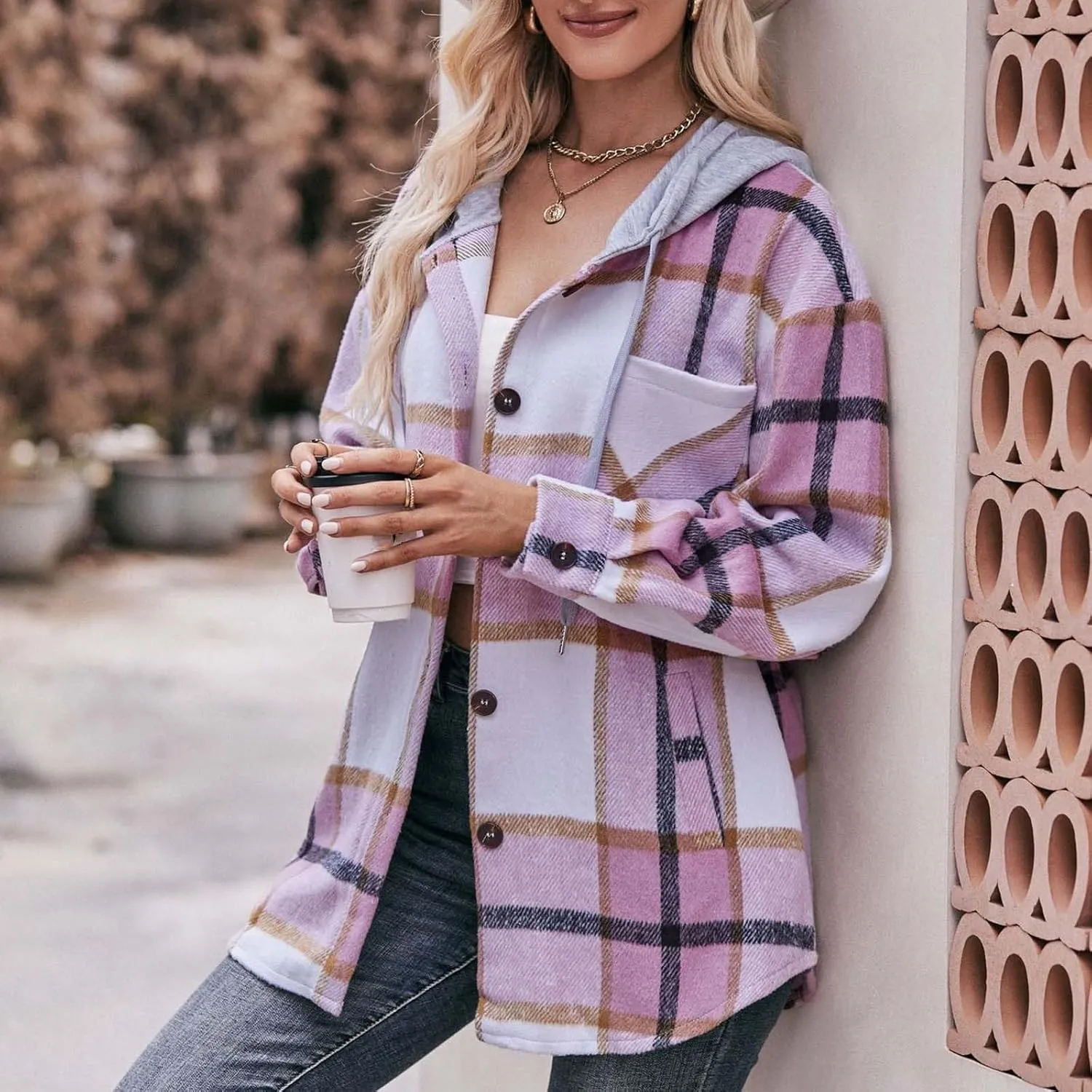 Womens Long Sleeve Plaid Shirts Button Down Flannel Hoodie Oversized Casual Fall Clothes Shacket Jacket Trendy 2023
