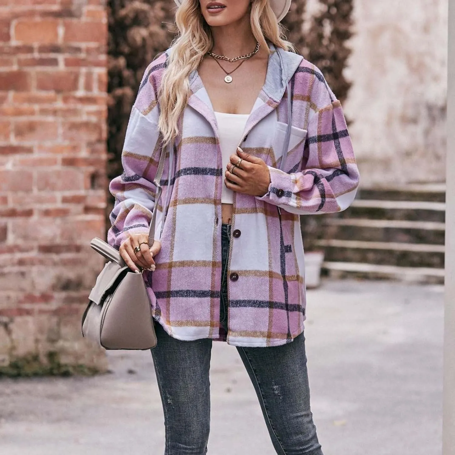 Womens Long Sleeve Plaid Shirts Button Down Flannel Hoodie Oversized Casual Fall Clothes Shacket Jacket Trendy 2023