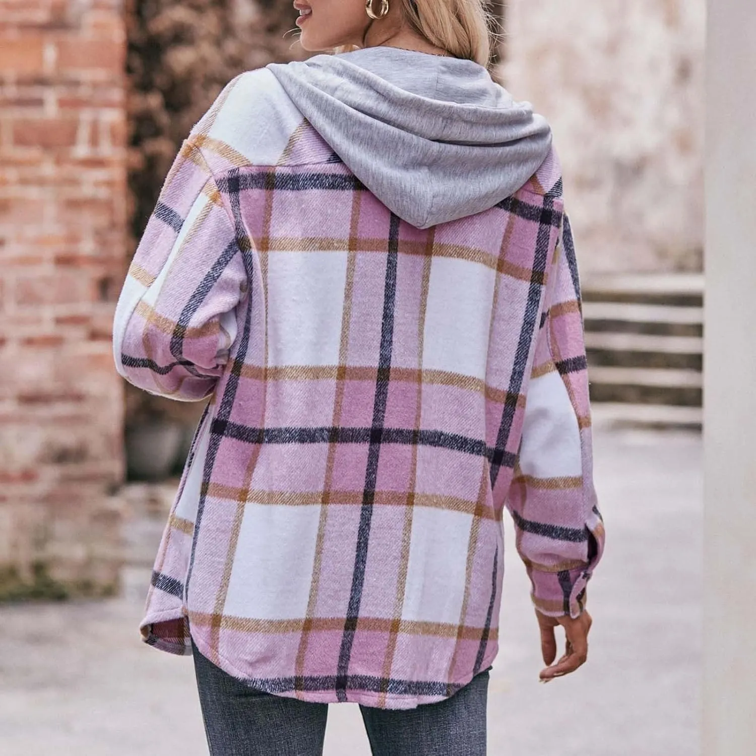 Womens Long Sleeve Plaid Shirts Button Down Flannel Hoodie Oversized Casual Fall Clothes Shacket Jacket Trendy 2023