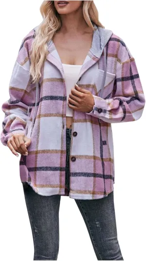 Womens Long Sleeve Plaid Shirts Button Down Flannel Hoodie Oversized Casual Fall Clothes Shacket Jacket Trendy 2023