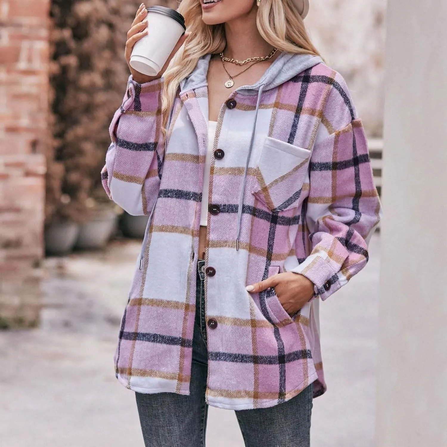 Womens Long Sleeve Plaid Shirts Button Down Flannel Hoodie Oversized Casual Fall Clothes Shacket Jacket Trendy 2023