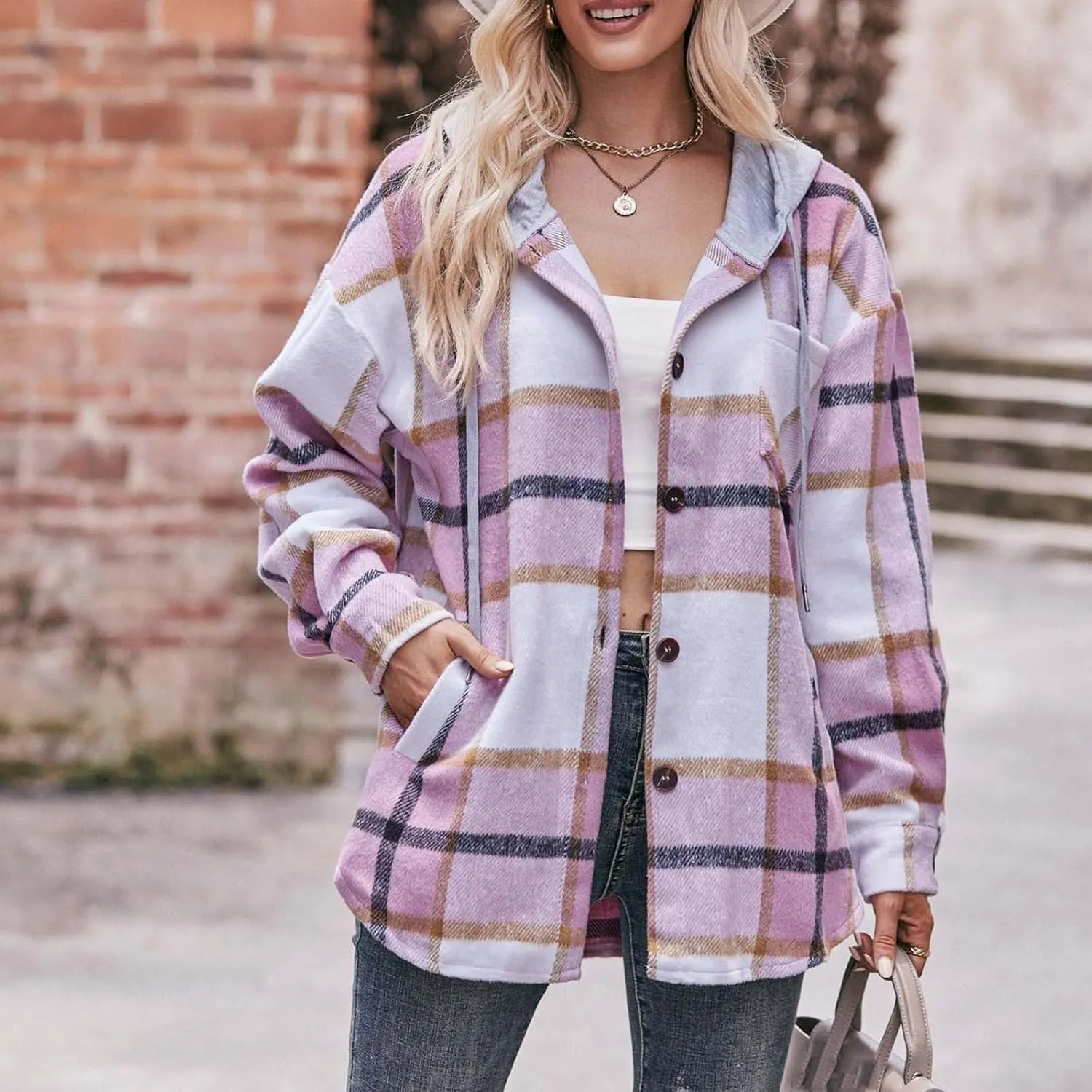 Womens Long Sleeve Plaid Shirts Button Down Flannel Hoodie Oversized Casual Fall Clothes Shacket Jacket Trendy 2023