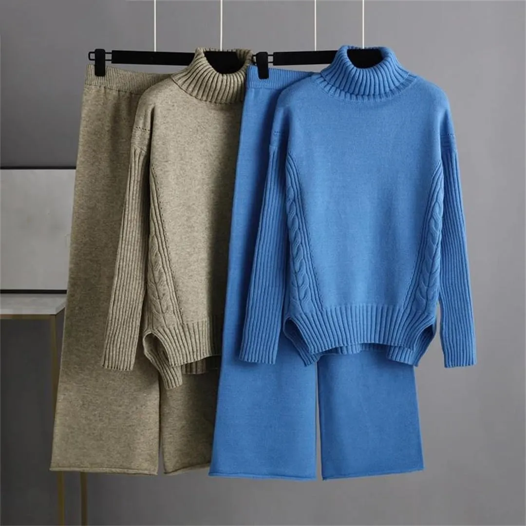 WomenS Oversized Knitted Tracksuit Set Turtleneck Sweater Harem Pants Warm Winter Casual Outfit