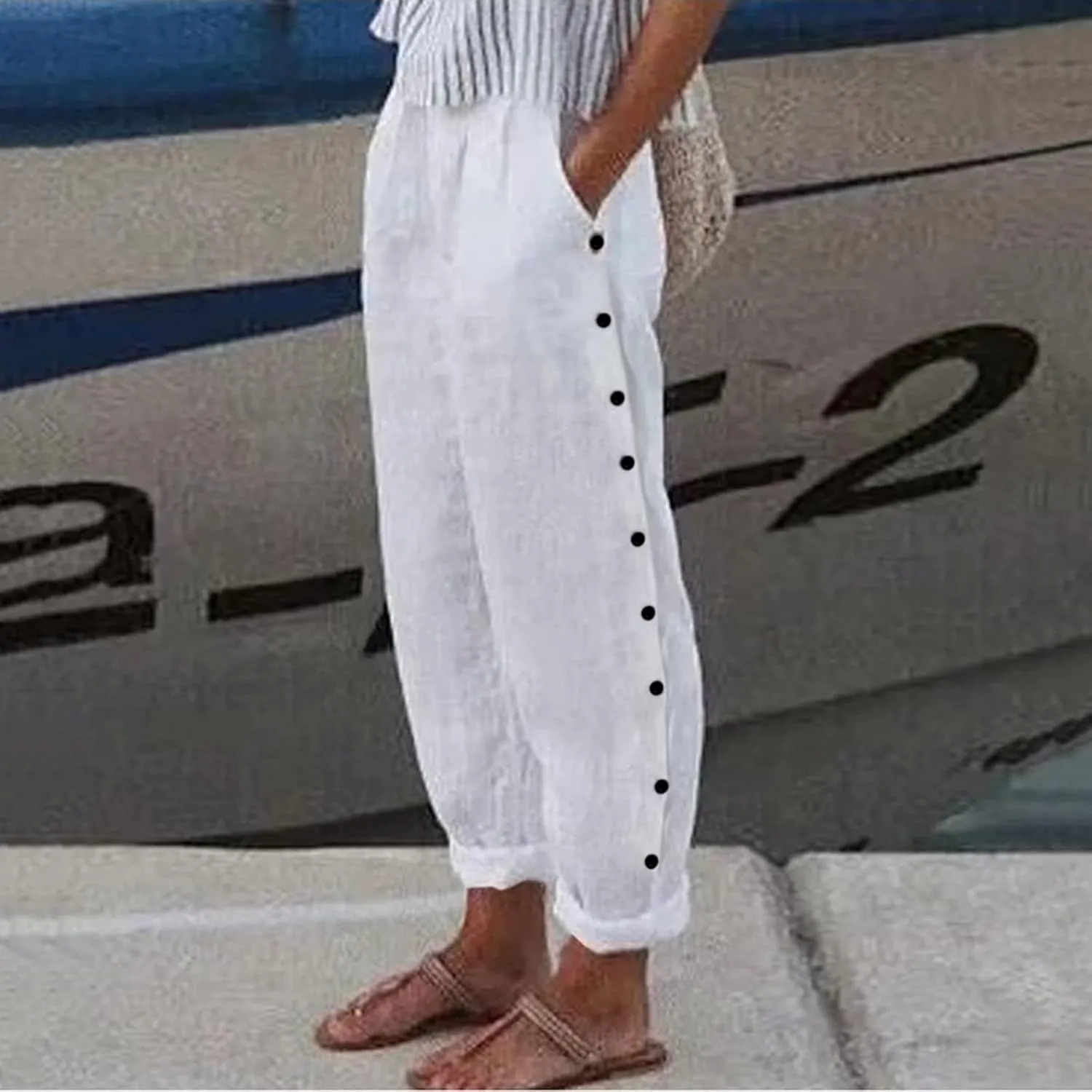 Womens Sweatpants, Peasant Pants Straight Leg Casual Linen Trendy Striped Side Loose