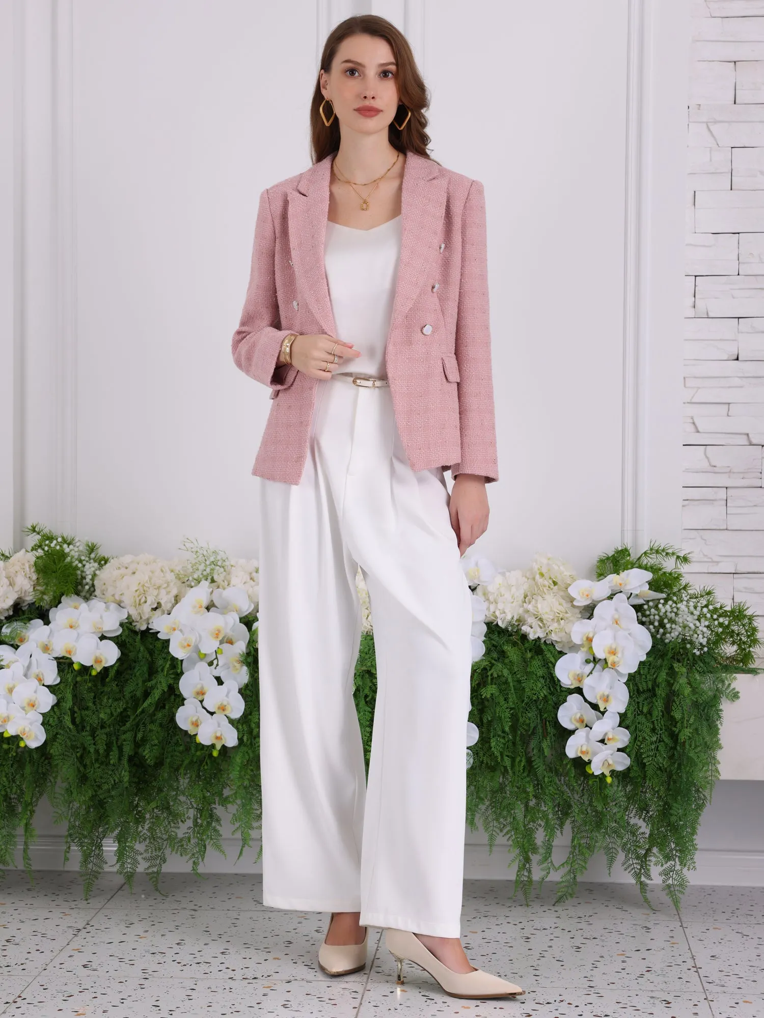 Women's Tweed Blazers Double Breasted Long Sleeve Office Work Jackets