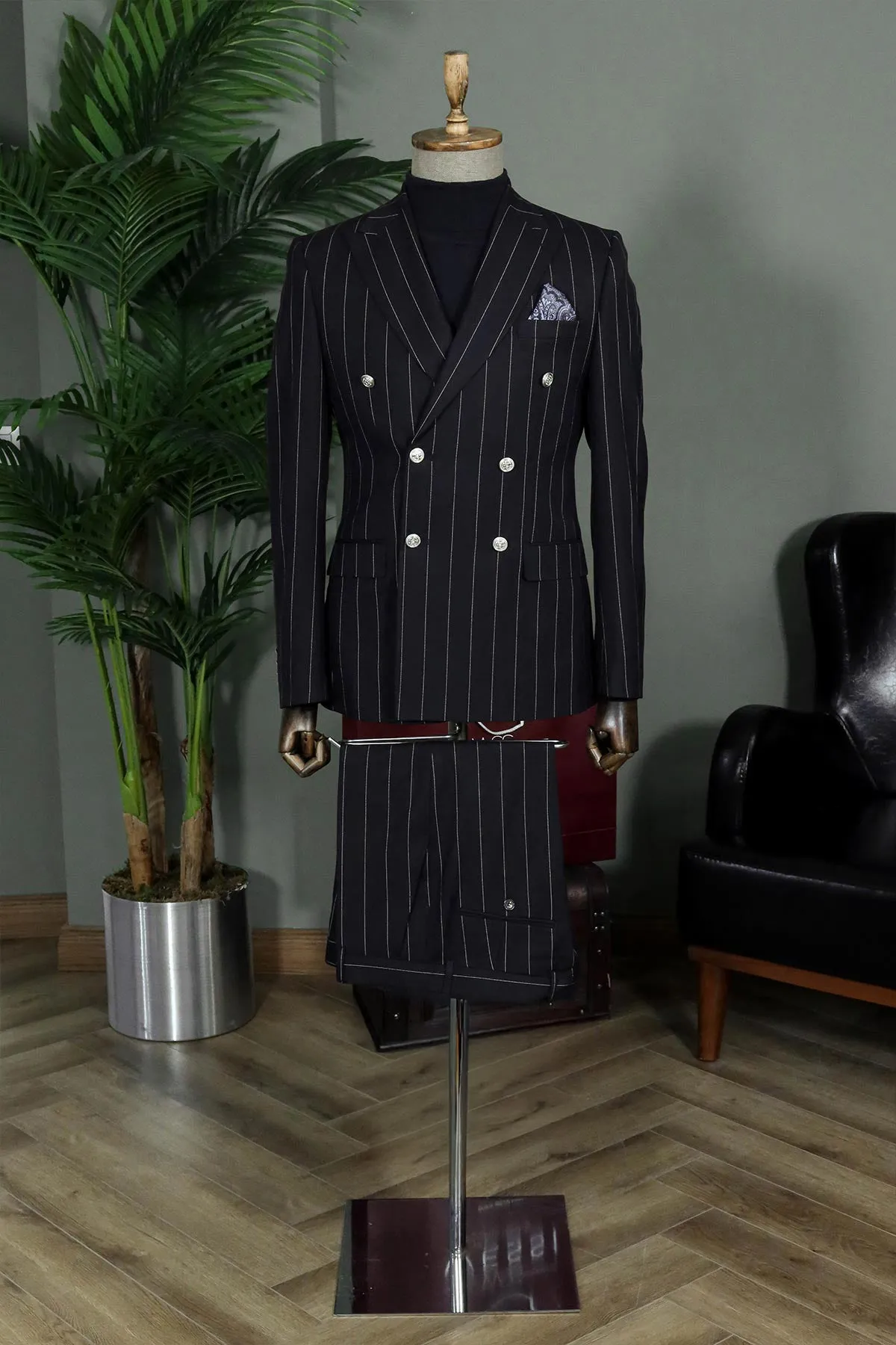 WSS Pinstripe Double-Breasted  Men Black  Suit   - Gloucester